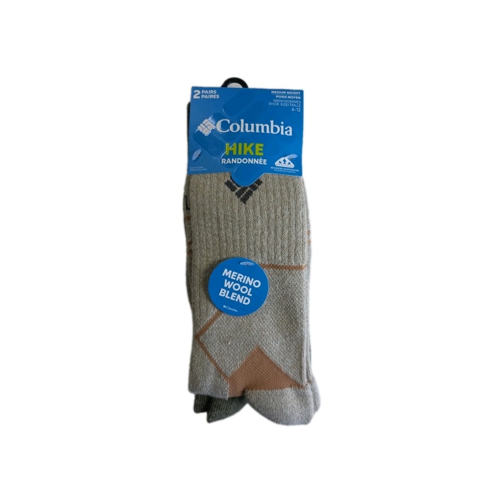 COLUMBIA HIKE SOCKS TWO PAIRS MENS 6-12. QUARTER NWT GREEN/BROWN MERINO WOOL NWT